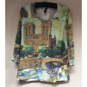 Michael Leu Womens Small Cotton 3/4 Sleeve Graphic Tee Shirt Multicolor Casual